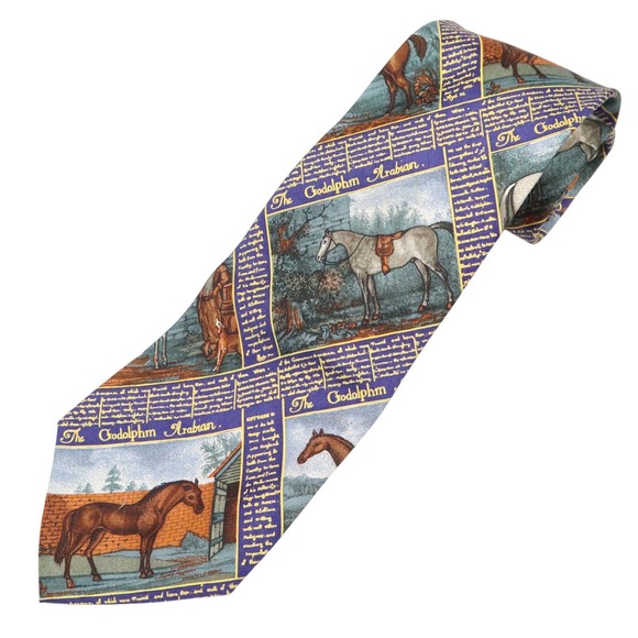 Polo Ralph Lauren The Godolphin Arabian Horse Tie Navy Blue Equestrian Print